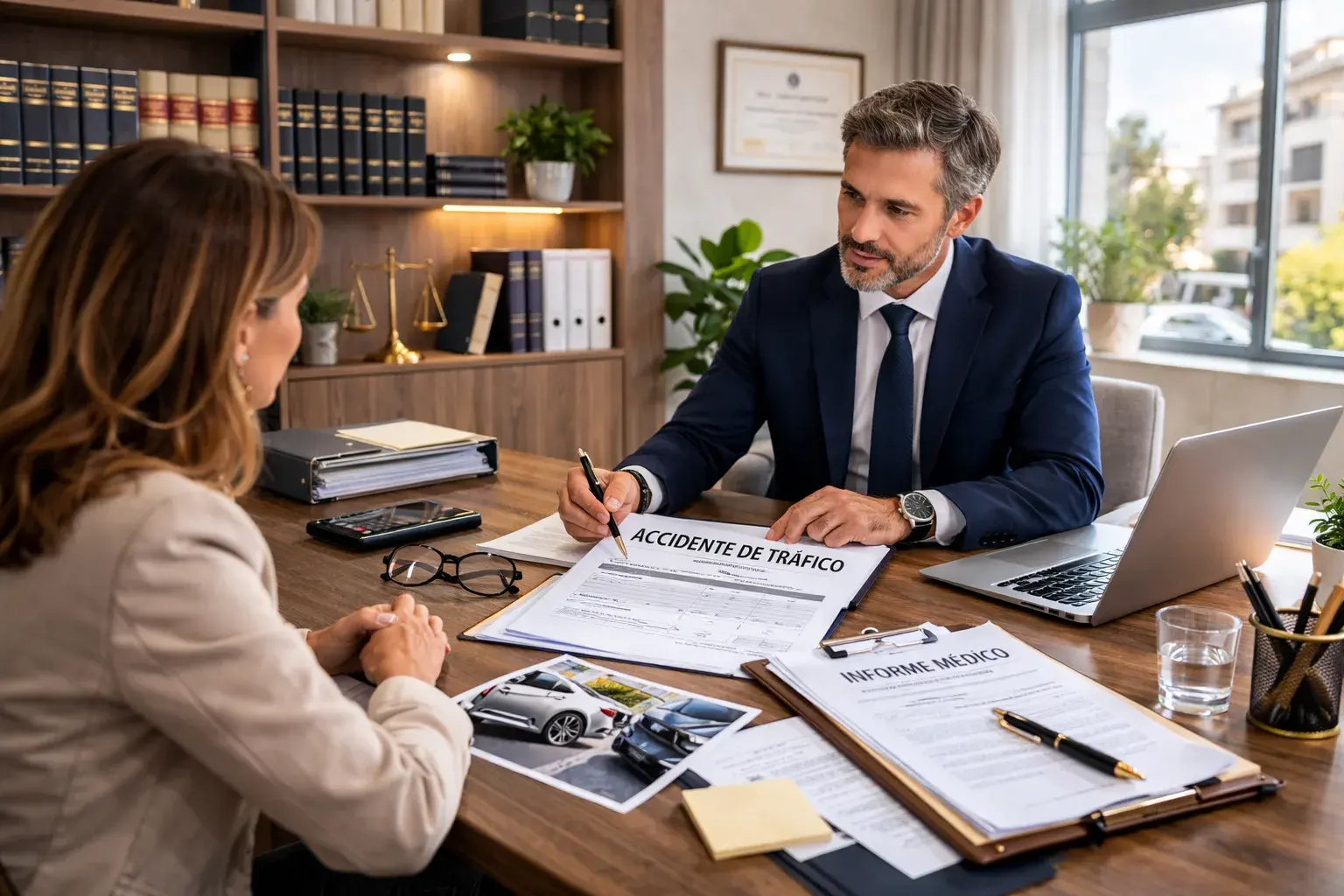 Revisión jurídica de documentación de accidente de tráfico en despacho de abogados en Murcia