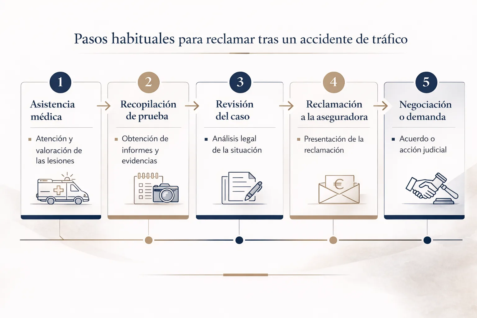 Gráfico con los pasos habituales para reclamar tras un accidente de tráfico