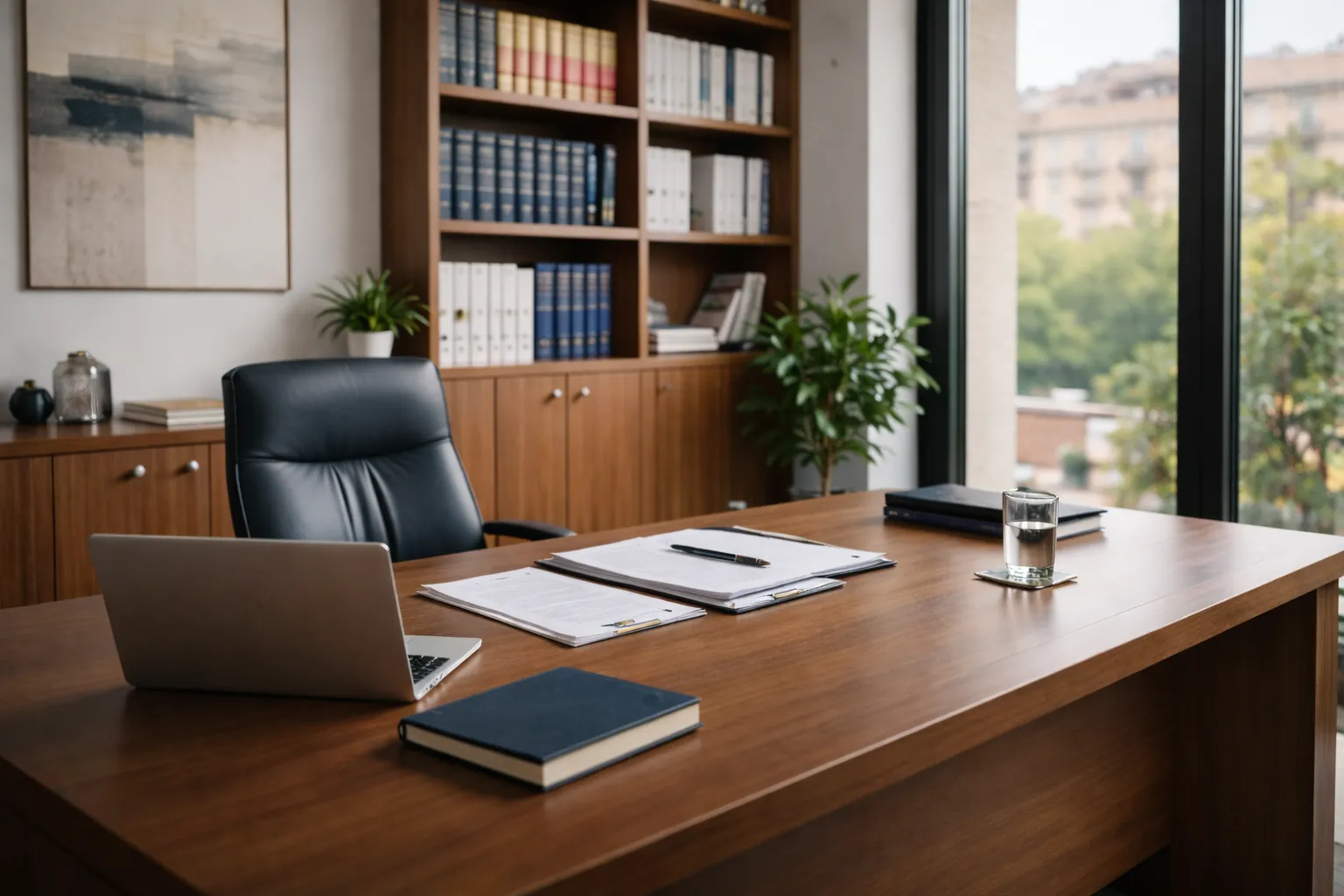 Interior de despacho de abogados con biblioteca jurídica