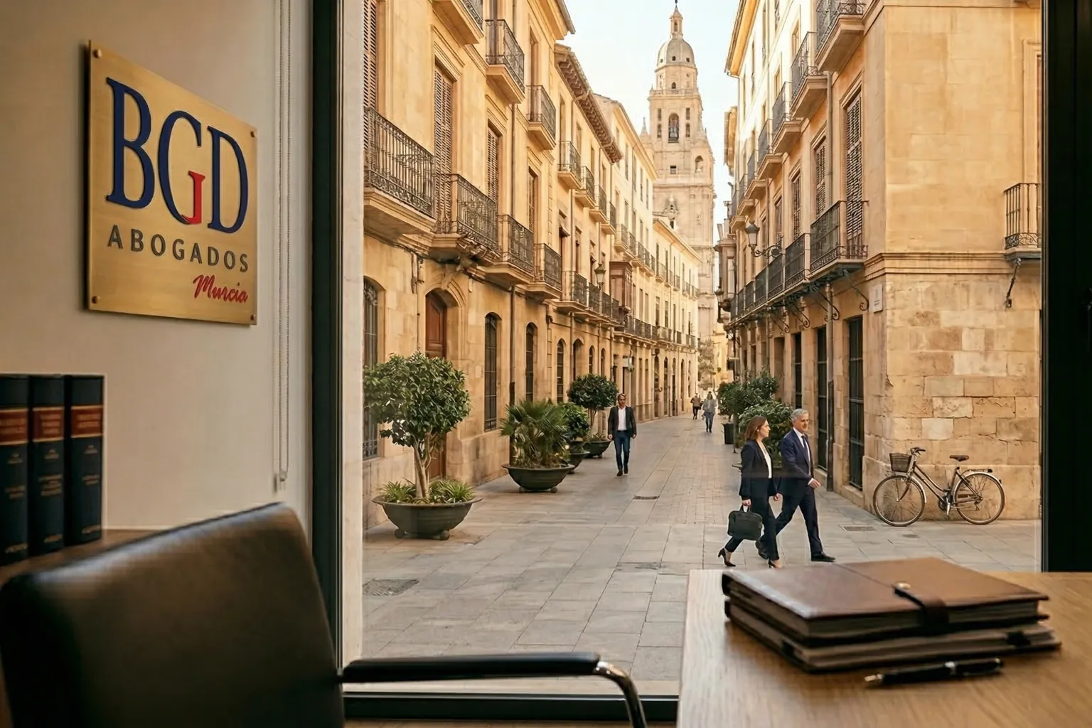 Calle histórica del centro de Murcia con la catedral al fondo